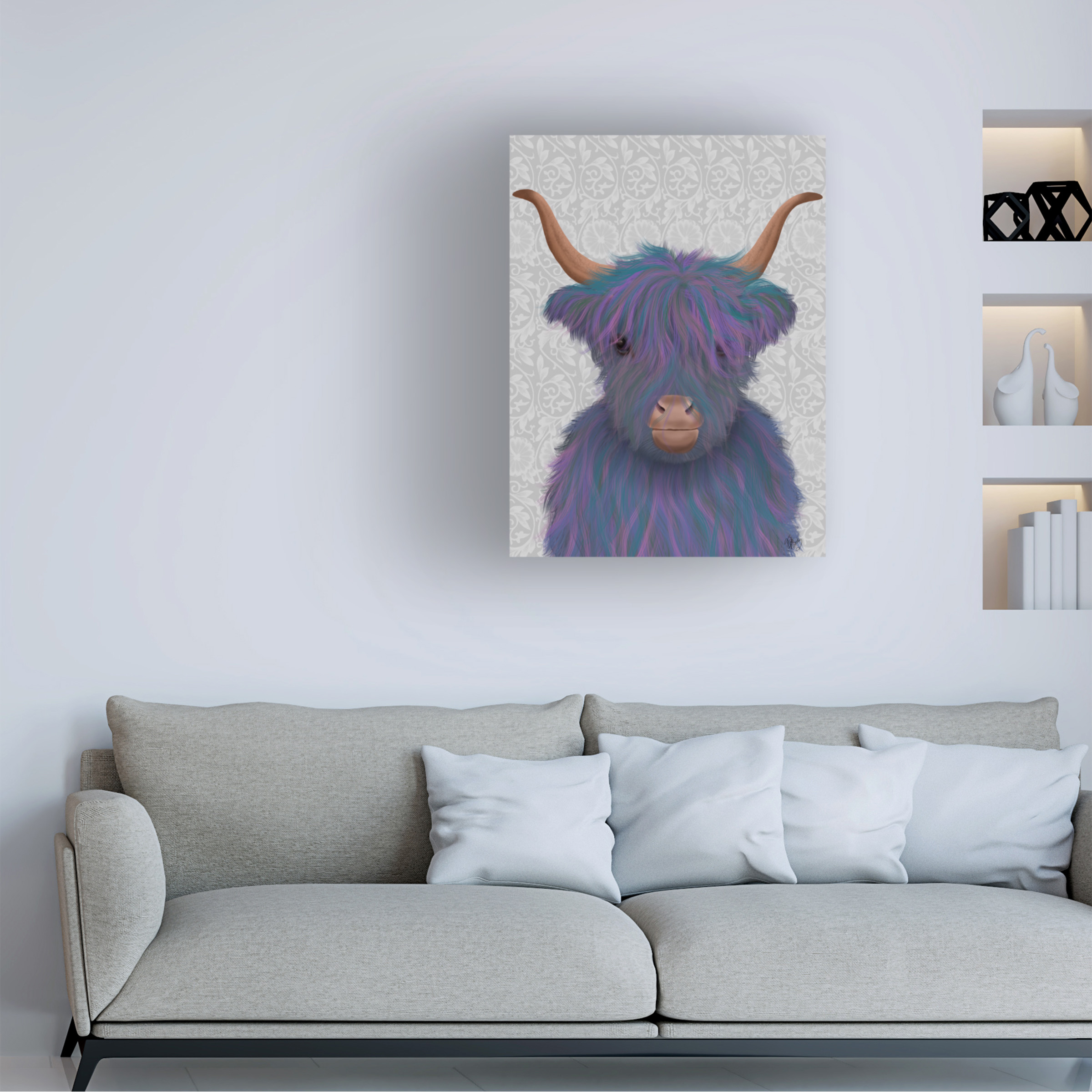 Fab Funky 'Highland Cow 7 Purple Portrait' Canvas Art