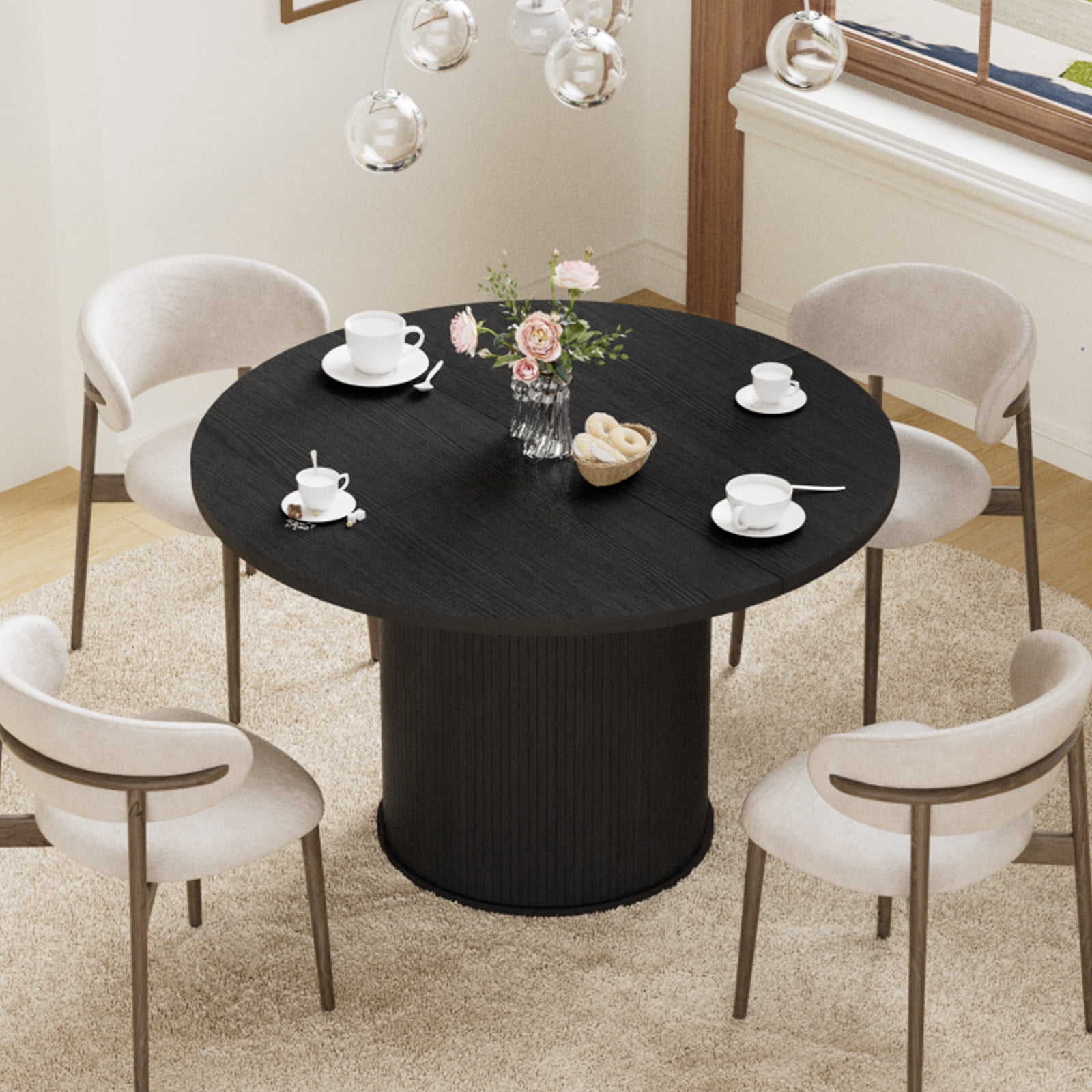 Hommpa 48" Round Dining Table Morden Kitchen Table Wood for 4 with Wood Slide Door for Kitchen Living Room,Heavy Duty Pedestal Base,Black