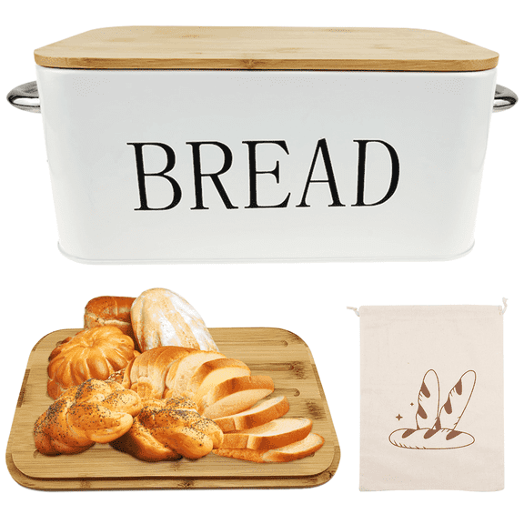 SPOKKI Modern Metal Bread Box with Bamboo Cutting Board Lid, Bread Storage Container for Kitchen Counter, Vintage Kitchen Decor Organizer
