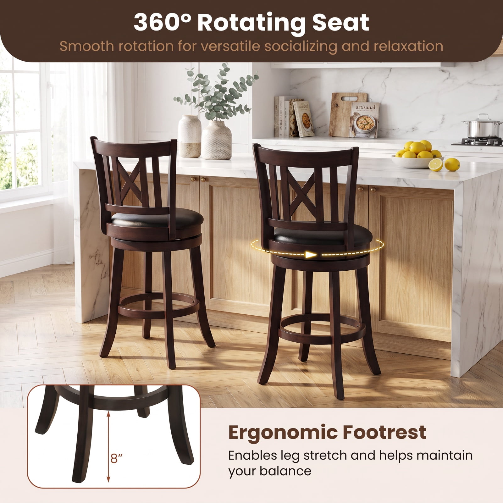 Furnibear Set of 2 Bar Stools Swivel Bar Chairs with Hollowed Backrest and Footrest-26 inches for Kitchen Island Counter Bar Pub Dining Home, Taupe