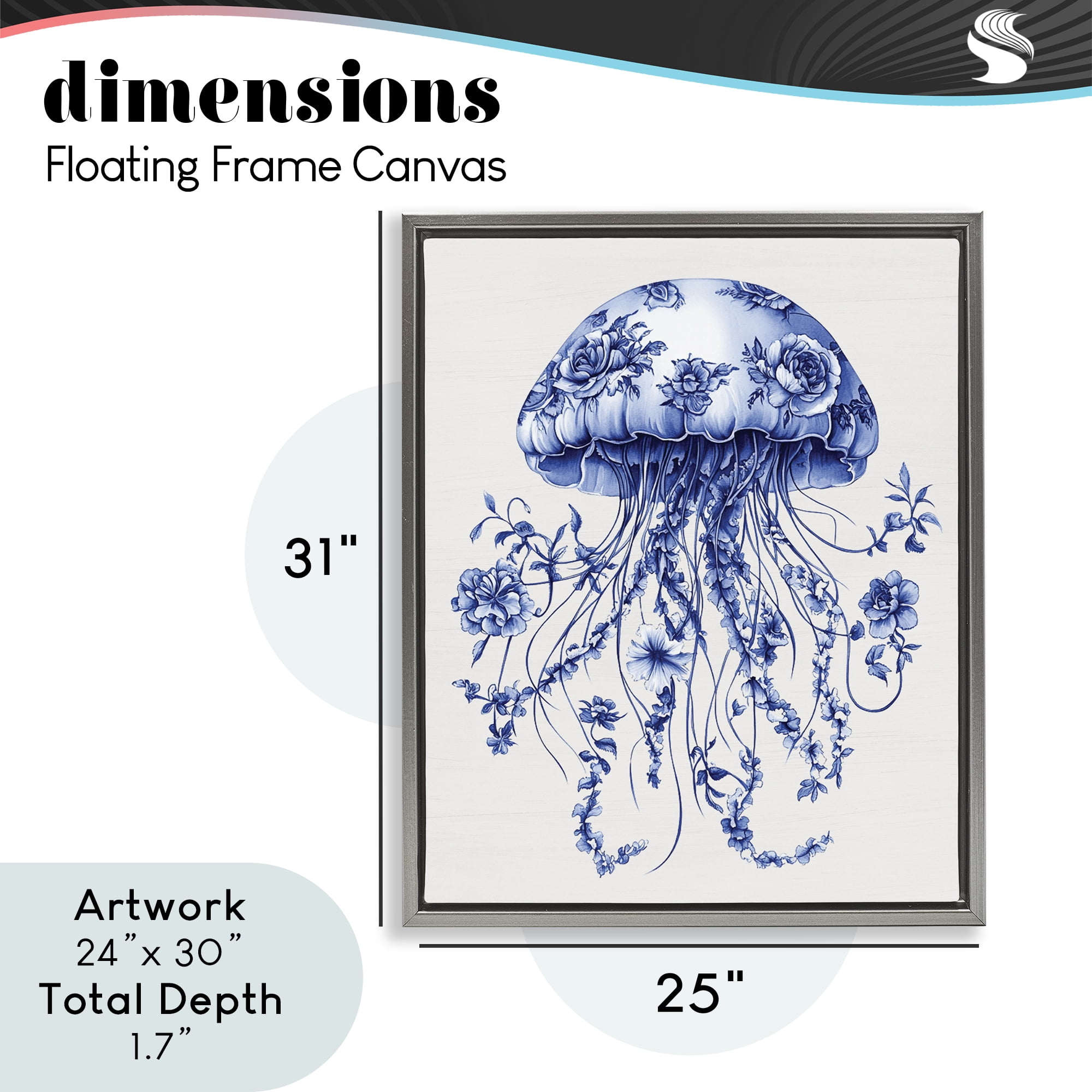 Funky Vintage Toile Jellyfish Gray Framed Floater Canvas Wall Art, design by Lettered and Lined