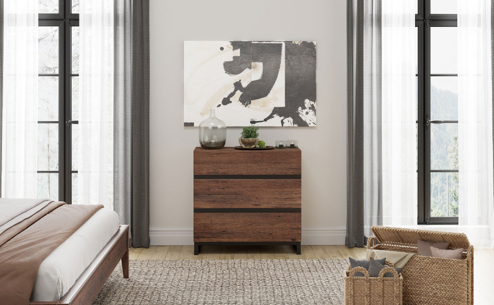 WAMPAT Dresser for Bedroom, Closet Organizers and Storage with 3 Drawers, Chest of Drawers with Metal Base, Modern Wood Dresser for Living Room, Hallway, Entryway, Brown