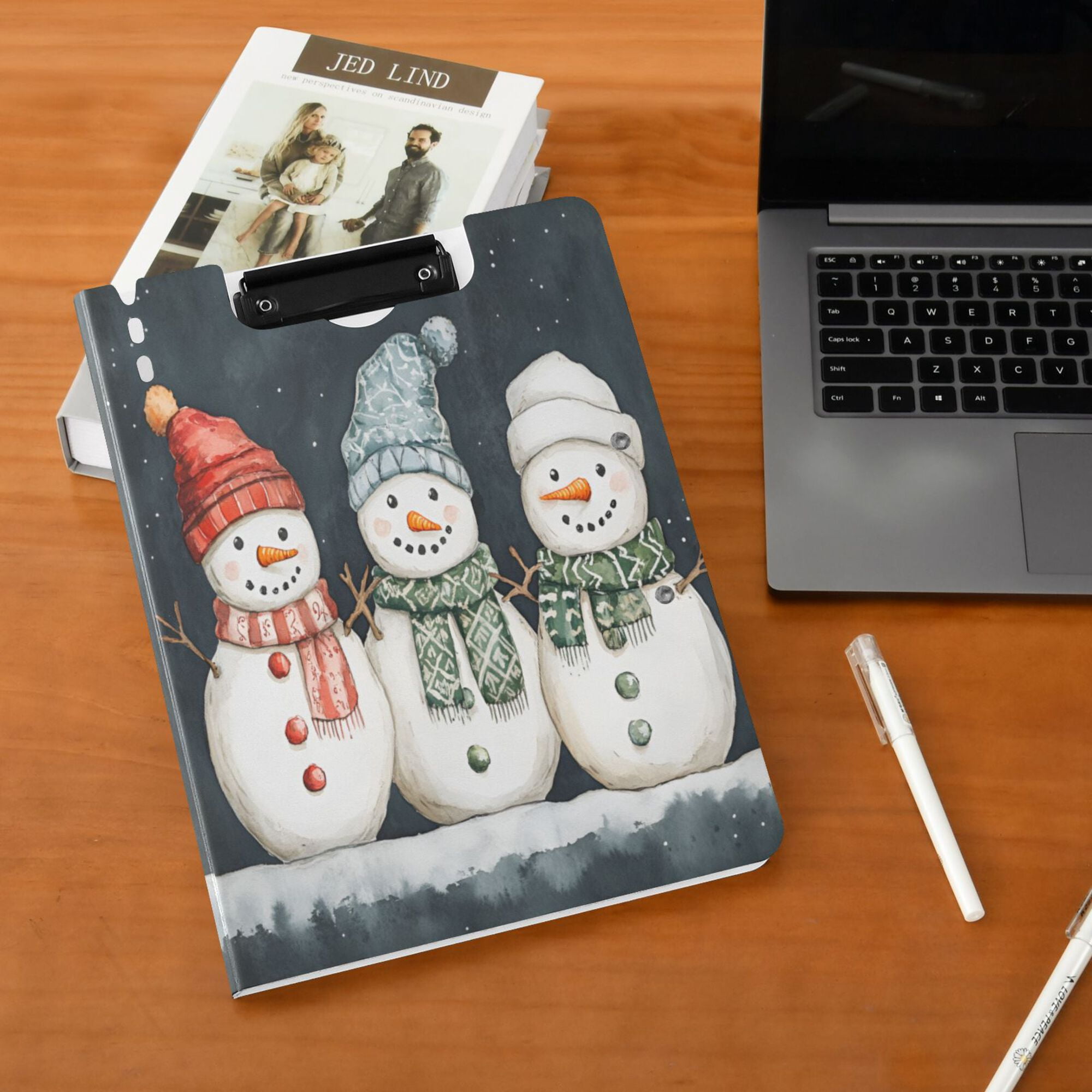 FORMRS A4 Clipboard Folder with Pen Holder Horizontal Foldable School Office Binder, Green Snowmen