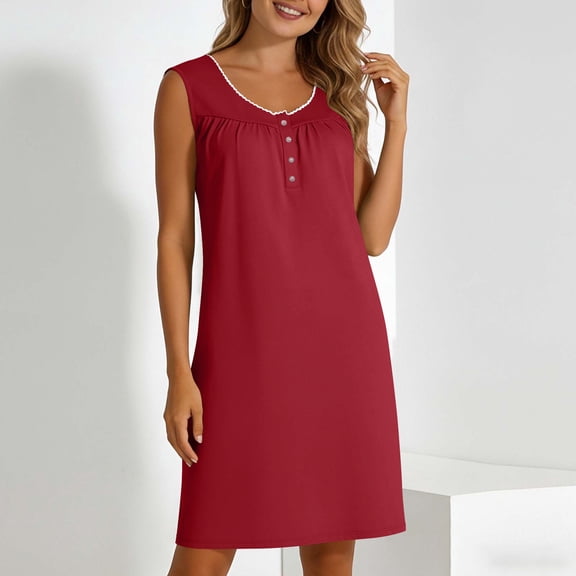 DYTTDG Ladies' Casual Solid Color Crew Neck Sleeveless Nightgown | Ornamental Button Detail Sleep Dress for Sleeping, Loungewear & Summer