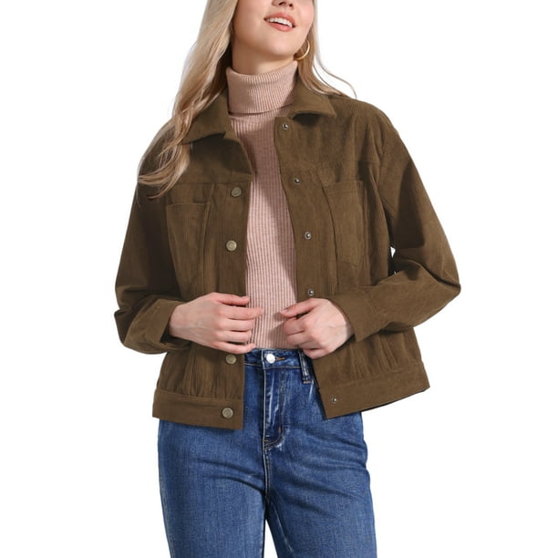 Chaqueta de pana INSPIRE CHIC para mujeres, casual, de manga larga, abrigo de otoño, chaqueta con botones, talla XL, marrón