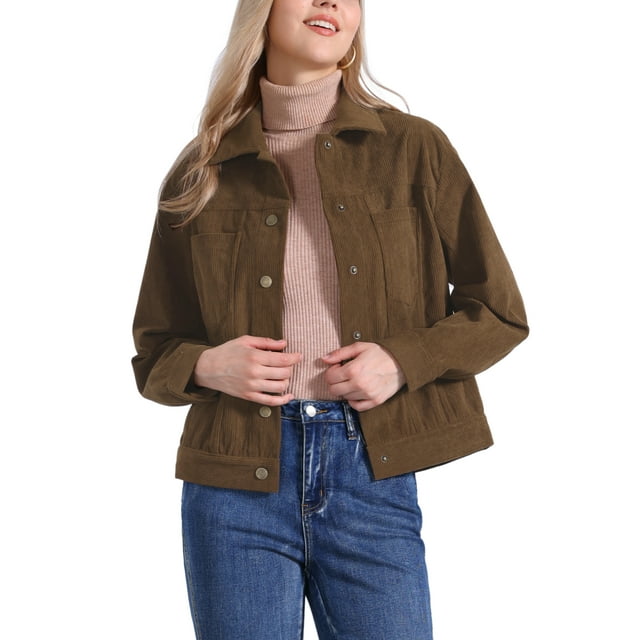 Chaqueta de pana INSPIRE CHIC para mujeres, casual, de manga larga, abrigo de otoño, chaqueta con botones, talla XL, marrón