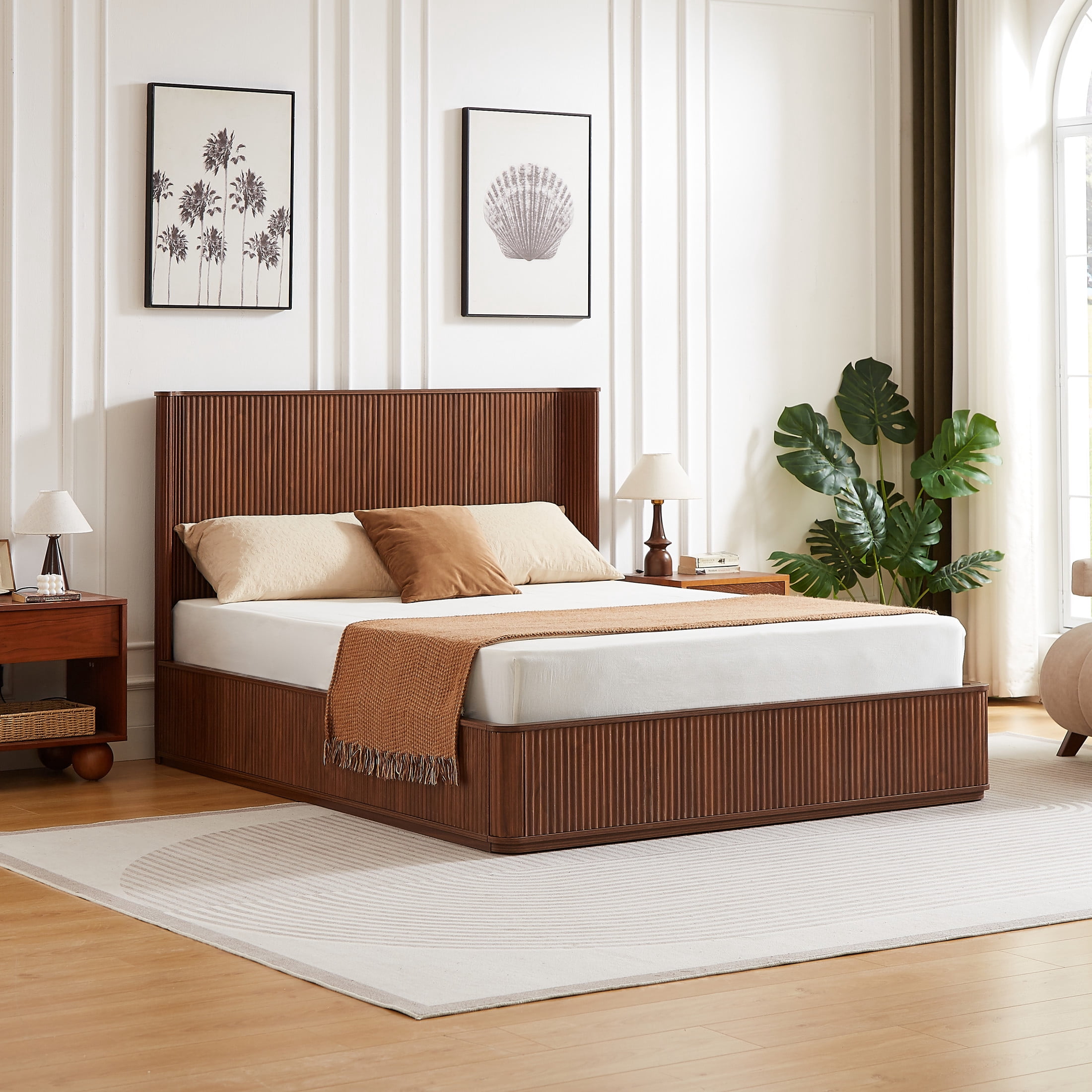 Noble House Queen Platform Bed Frame with 44.49"H Curved Headboard, Wood Slat Support, Walnut