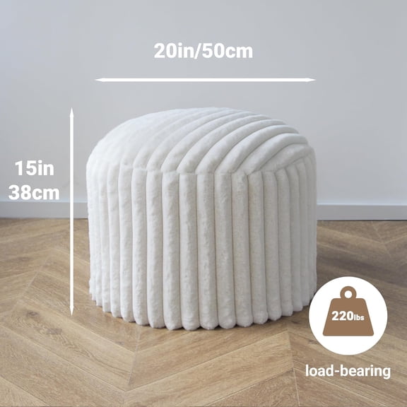 Luxury Round Stuffed Floor Poufs Ottoman, Stripe Faux Fur Footrest with Dual Layer Comfort, Removable Washable Cover, 20"x15" Plush Shaggy Pouf for Living Room Bedroom Vanity,  Beige