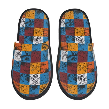Balery colorful plaid Dinosaur Slient Indoor Furry Fleece Comfort House Shoes Soft Non-Slip Home Shoes Cotton slippers House Slippers-- Large