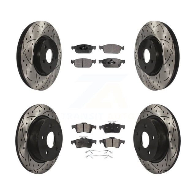 Transit Auto Front Rear Coated Drilled Slotted Disc Brake Rotors and Ceramic Pads Kit for Car Ford Escape Connect KDT-100329