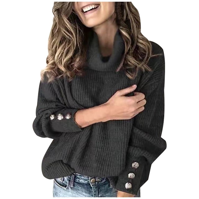 TIMIFIS Black Womens' Turtleneck Long Sleeve Cable Knit Sweaters Oversized Sweaters Fall Long Sleeve Spilt Hem Tunic Pullover Sweater Knit TopsFall/Winter