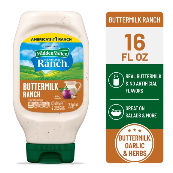 (2 Pack) Hidden Valley Buttermilk Ranch Salad Dressing & Topping, Gluten Free - 16 Oz Bottle