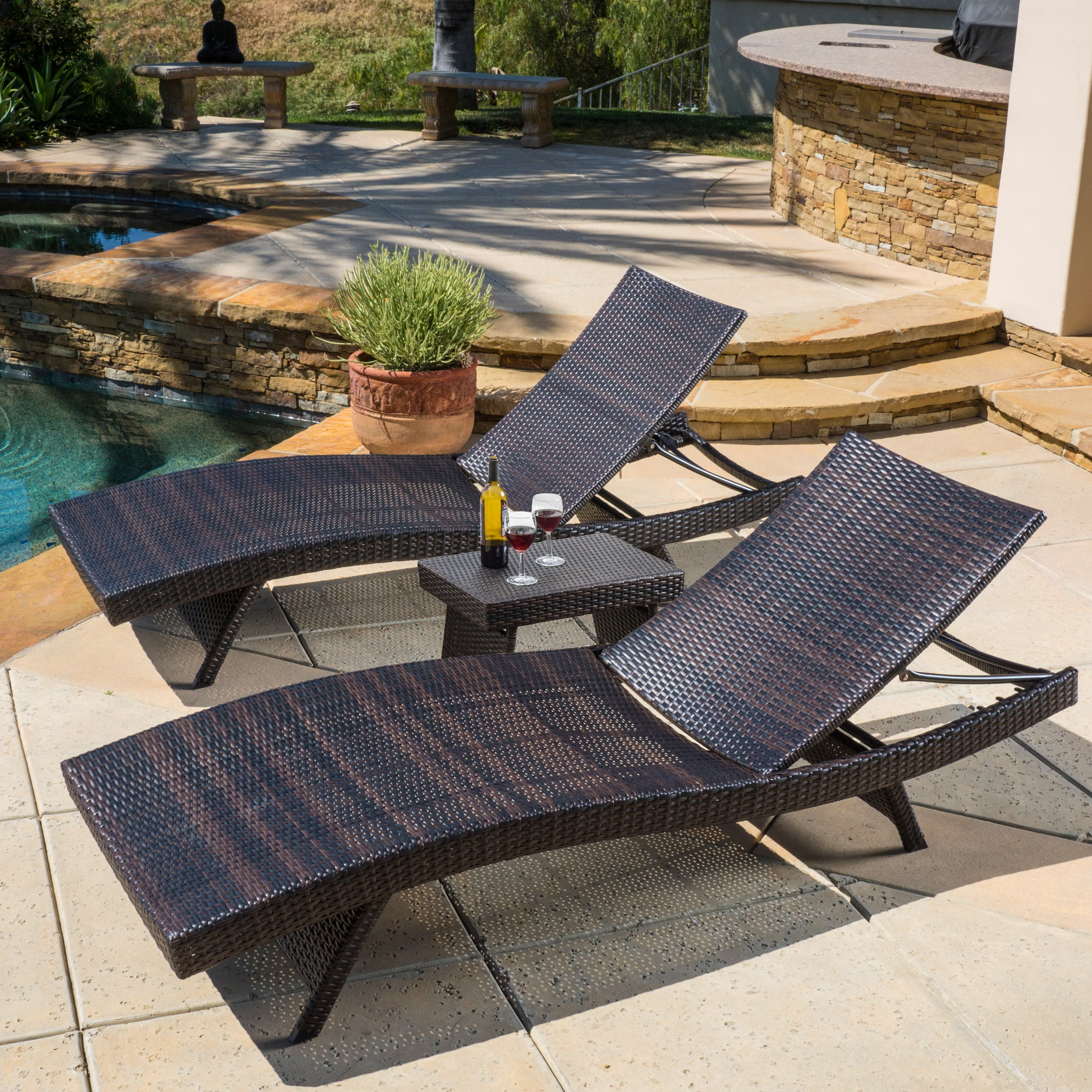 Raleigh Outdoor Wicker 3 Piece Chaise Lounge Set, Multibrown