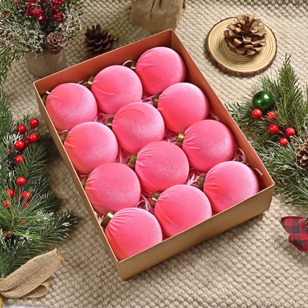 12 bolas navideñas de terciopelo flocadas, adornos navideños de plástico, adornos colgantes decorativos para árbol de Navidad, decoración de 3,15 pulgadas