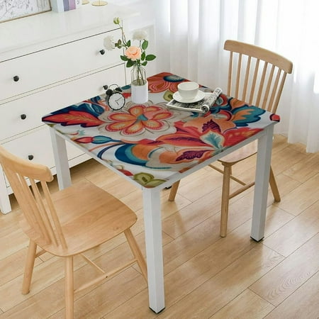 

ONETECH Fabric Tablecloth Bohemian Coral Paisley Stain and Water Resistant Heavy Summer Table Cover Boho Chic Multicolor Floral 52*52