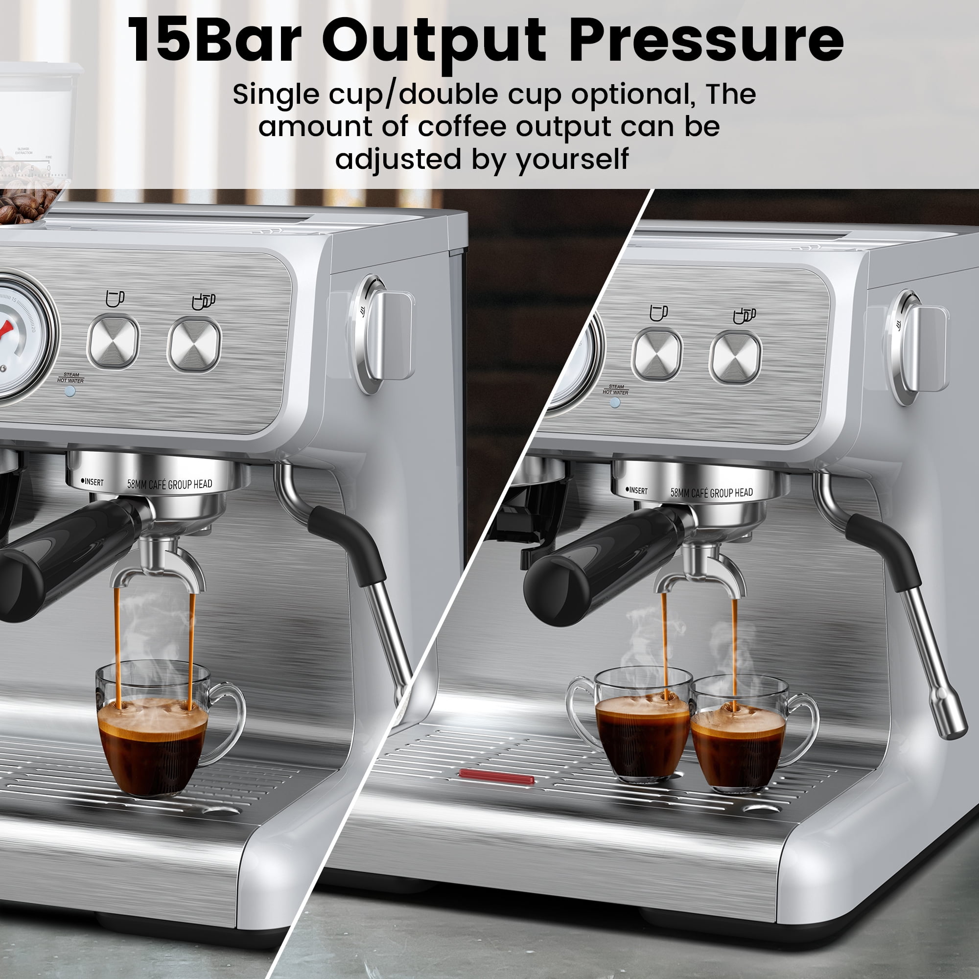 Moifoi Espresso Machine with Grinder and Milk Frother Steam Wand, 15 Bar Pump & 95 Ounce Water Reservoir, Professional Coffee Machine, New, Stainless Steel