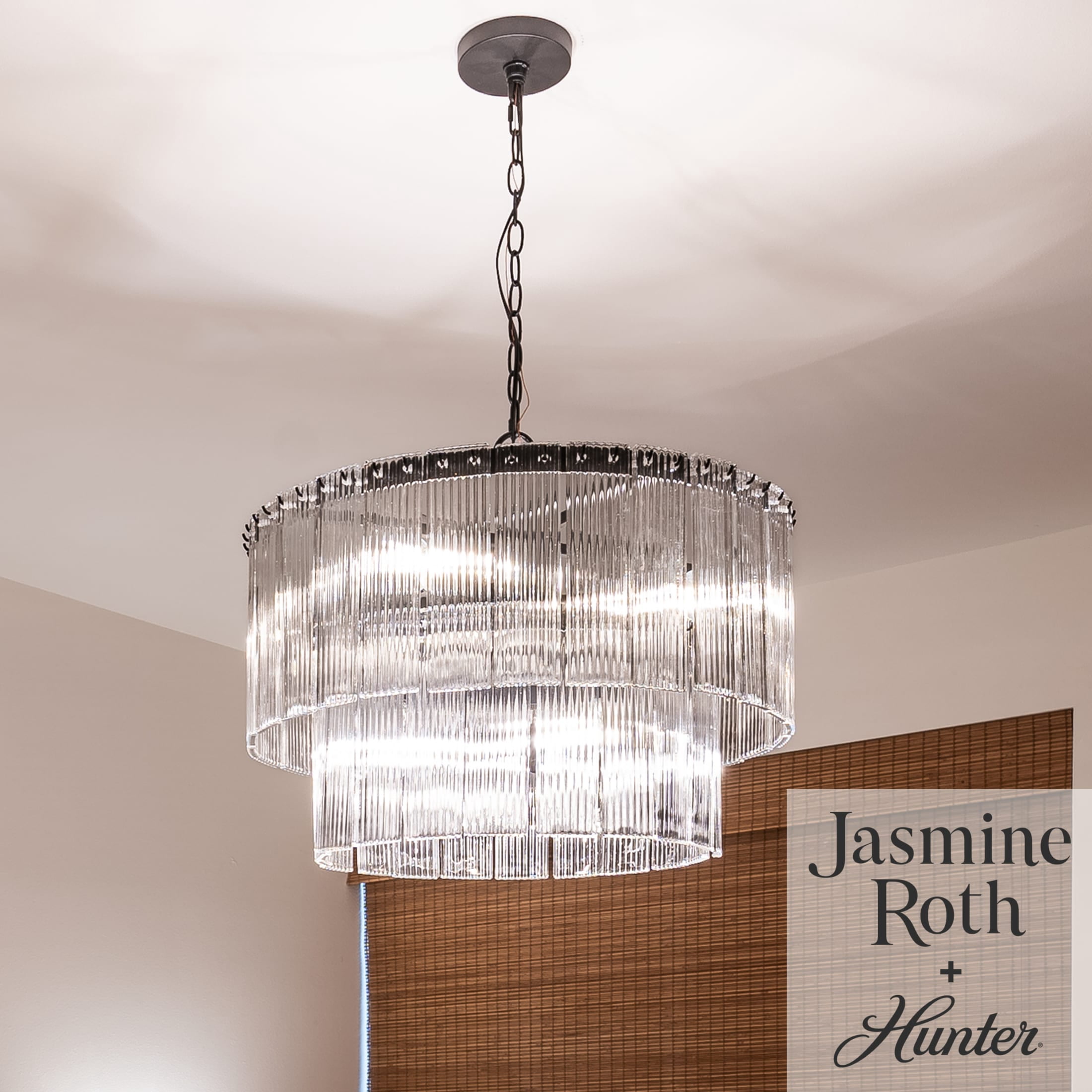 Hunter - Ontario 6-light Matte Black, Large Chandelier, Dimmable, Transitional Style, Cylinder Shaped, for Bedrooms, Dining, Living Rooms - 13143