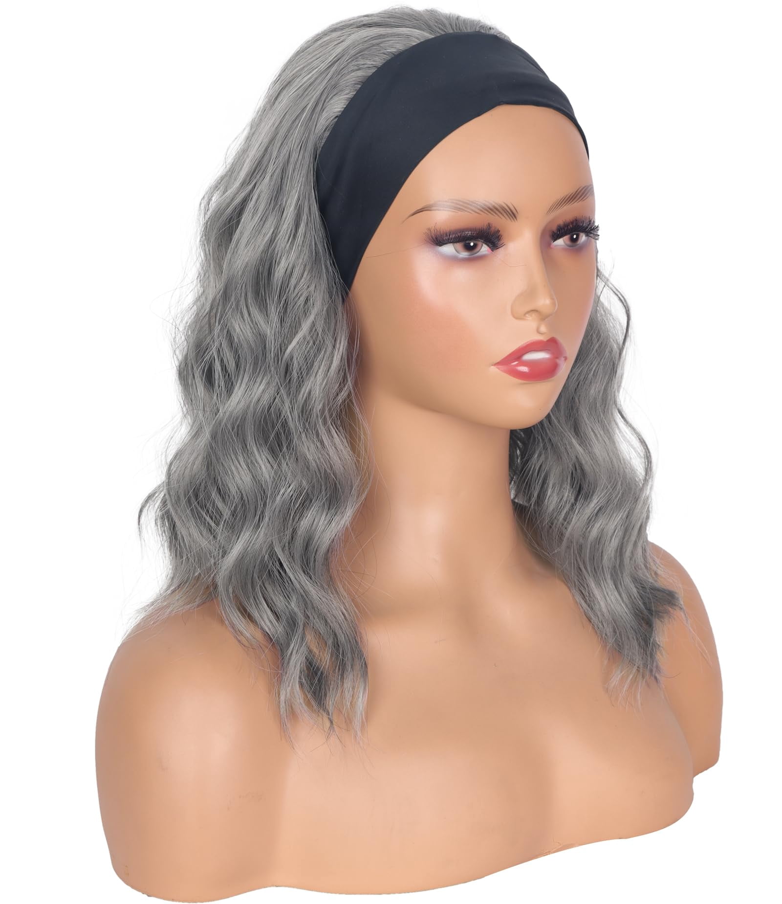 Black Headband Wigs With Brown Highlights For Women 14 Inch Wavy Heat Resistant Synthetic Soft Light Natural Looking Hair Replacement Wigs
