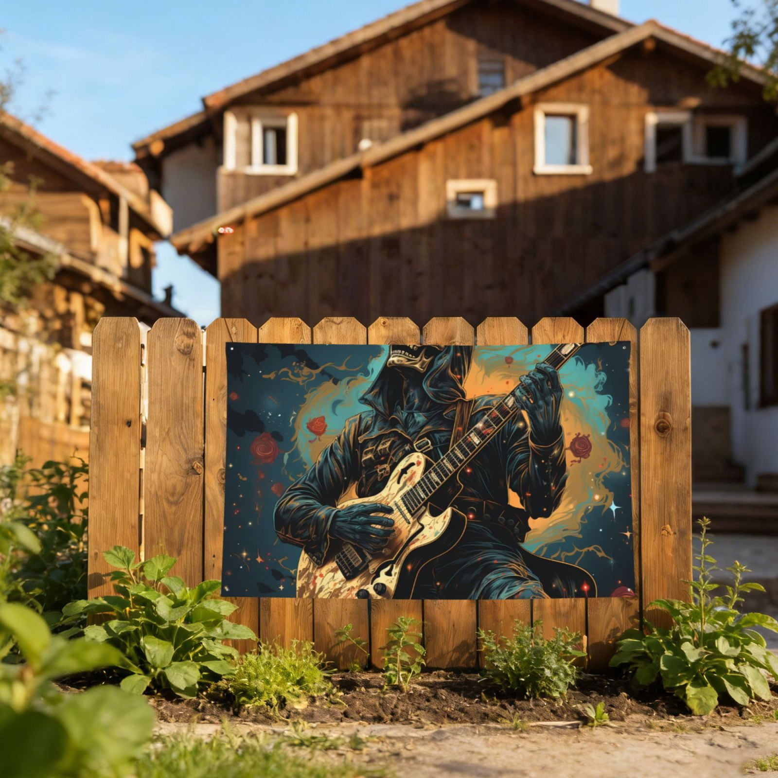 Skull Playing Guitar Heavy Metal Rock Skeleton Four Hole Decorated Banner Flag for Garden Yard Home Decoration Indoor Outdoor 4x6 Ft