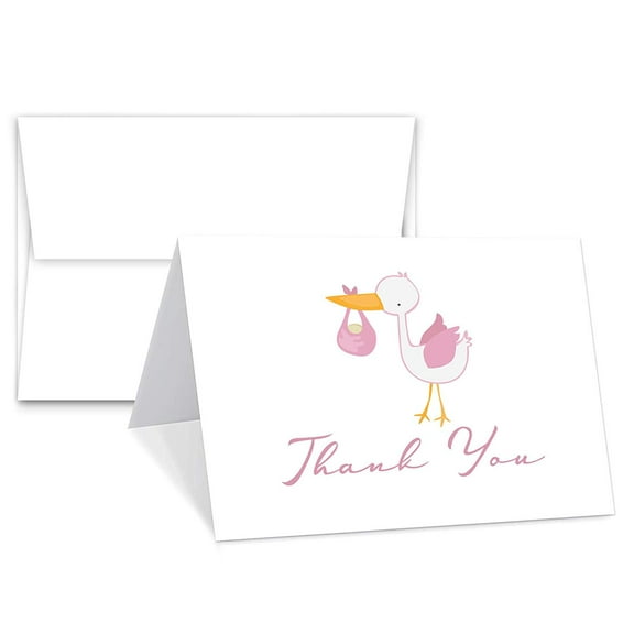 Baby Girl Thank You Cards With Envelopes | Elegant Light Pink Design - Blank on The Inside - Baby Shower Gifts | 4.25" x 5.5" Inches When folded | Value Pack of 25 Cards & Envelopes | Light Pink stork
