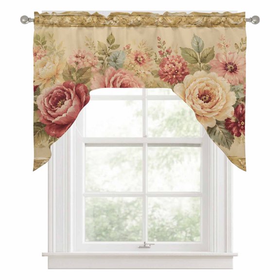 Vintage Rose Swag Valance for Windows, Vintage Country Pink Yellow Red Flowers Green Leaf Swag Curtains Valances for Small Window Treatment Rod Pocket for Kitchen Bathroom 1 Panel 56x36in