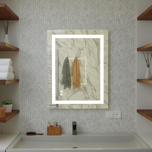 LED Mirror, Oblong Frameless Wall Mounted Mirror, Anti-Fog and Explosion-Proof, Large Vertical or Horizontal Makeup Mirror for Vanity Room, 36X28 Inch