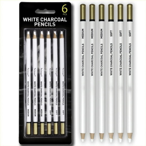 Professional White Charcoal Pencils Set - ANNECOSK 6 Pieces Sketch Highlight White Pencils for Drawing, Sketching, Shading, Blending, White Chalk Pencils for Beginners & Artists