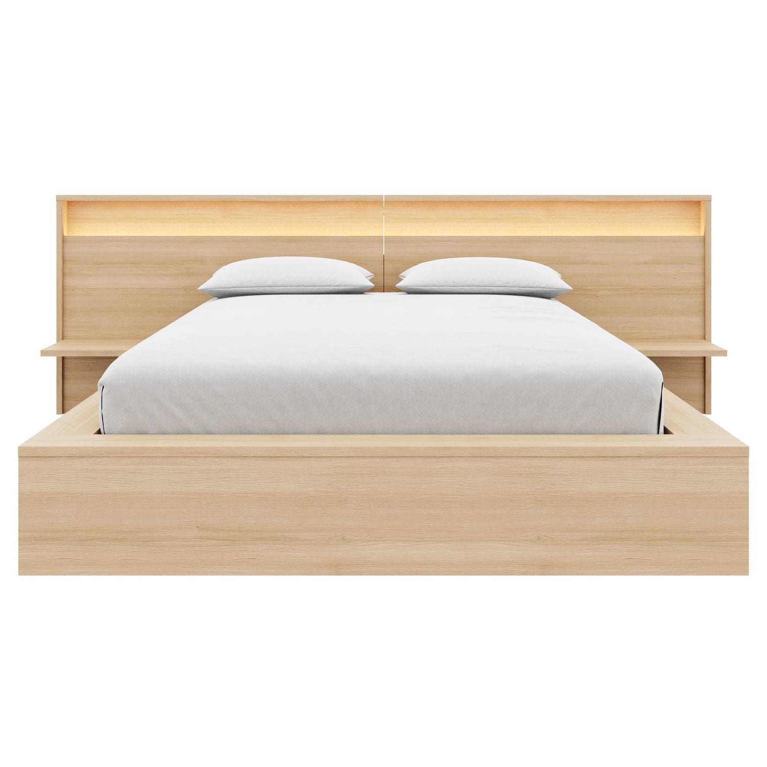 Luna Bedroom Set with Slatted Bedframe, Wide Headboard with Lights and Shelves