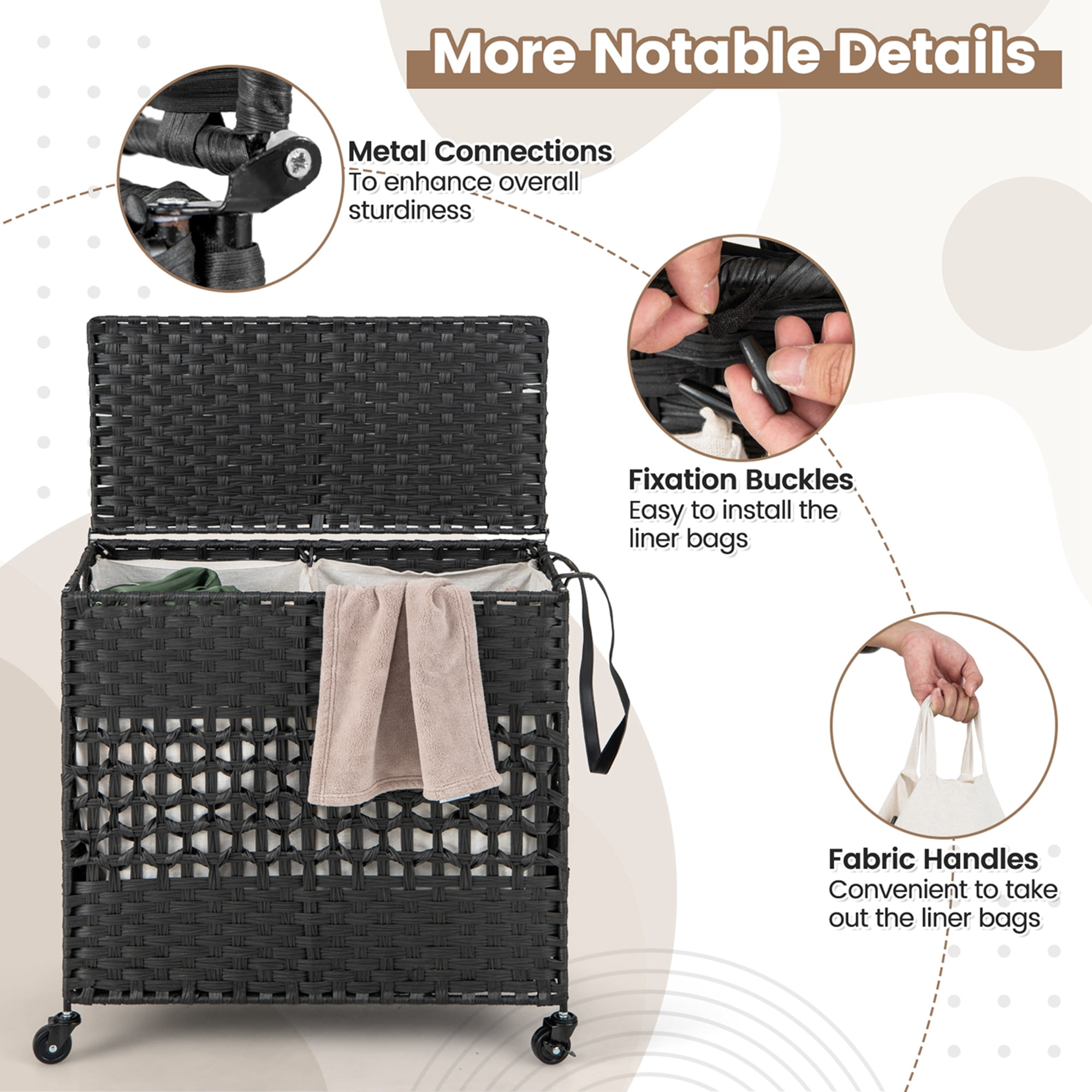 Costway 110L Laundry Hamper with Wheels Clothes Basket Lid & Handle & 2 Liner Bags Black