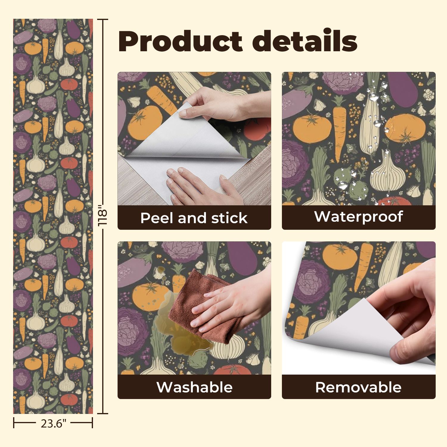 Modern Peel and Stick Wallpaper 23.6in x 9.8ft Colorful Vegetable Carrots Tomatoes Eggplants Onions Cabbage Wall Mural Self-Adhesive Removable Wall Paper for Kitchen Cabinet Renter Friendly