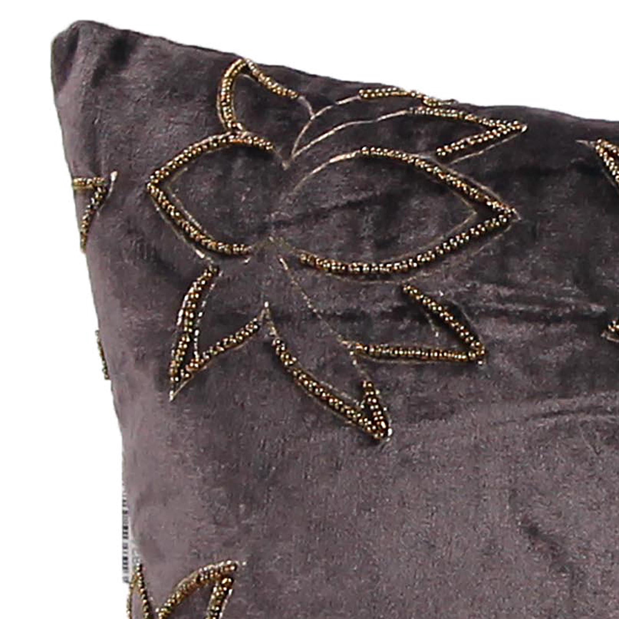 Jordan Manufacturing 16" x 16" Dark Gray and Gold Lotus Floral Square Reversible Decorative Throw Pillow with Bead Accent