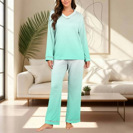 YUNAFFT Soft Floral Print V-Neck Long Sleeve Relaxed Fit Pajama Set for Women