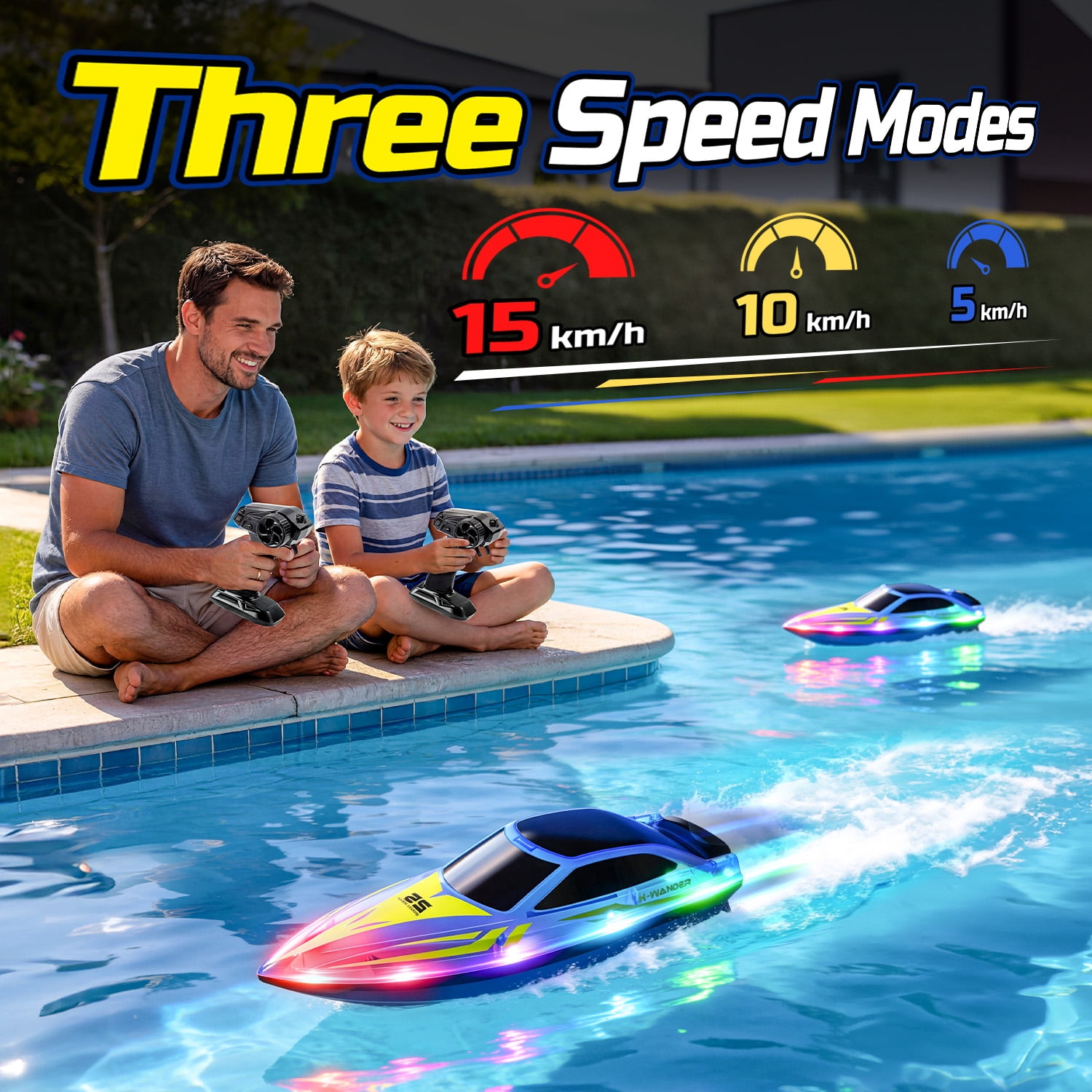 JoyStone 10 Inch RC Boat with 7-Mode Colorful LED Lights, 3 Speed Modes, 2 Batteries 60Mins, Pool Toys for Adults & Kids
