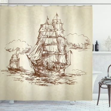 Vintage Boat Shower Curtain, Historical Weathered Sketch Sailing Ship Antique Naval Voyage Artwork, Fabric Bathroom Set with Hooks, 69W X 84L Inches Extra Long, Beige Chocolate, by Ambesonne