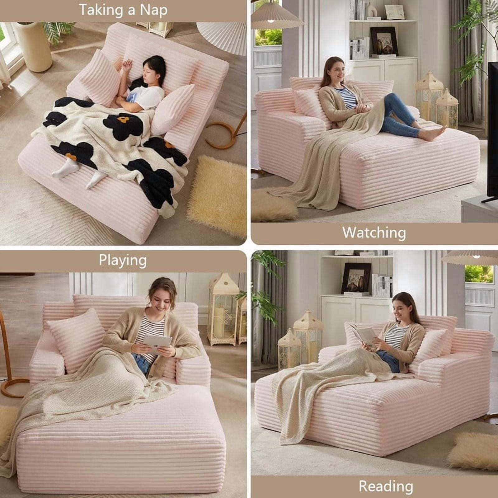 Oversized Chaise Lounge Chair Indoor, Upholstered Sofa Bed Sleeper Sofa Corduroy Cloud Couch Boneless Sofa Reading Chair with 3 Pillows for Living Room, 49.2''x66.1''