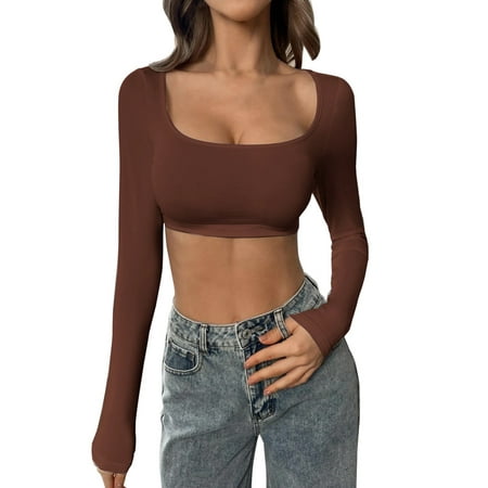 DondPO Crop Tops Corset Tops Women s Spring And Autumn Leisure Sexy Slim Fit Long Sleeve Large Neckline Square Neck Solid Color Tight Short T Shirt Top Going Out Tops Sexy Tops Cute Tops Coffee XL