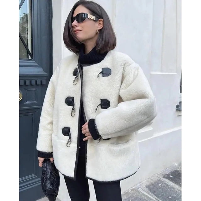 Women's London‑Style Toggle Button Fuzzy Fleece Oversized Coat, Warm Winter Casual Streetwear Jacket