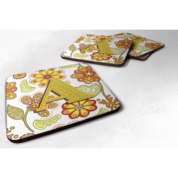 Carolines Treasures CJ2003-FC-Parent Set of 4 Letter Floral Mustard and Green Foam Coasters CJ2003  multicolor