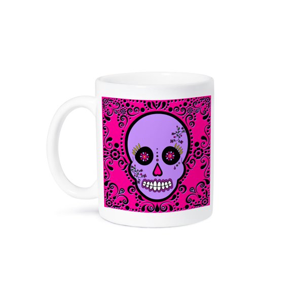 3dRose, Day of the Dead Skull DÃa de los Muertos Sugar Skull Purple Pink Black Scroll Design, 15oz Mug