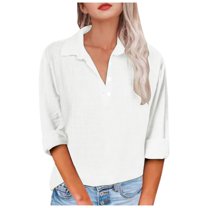 vigerkar 2025 Summer Solid Color Casual Women's Long Sleeve Polo Shirt - Breathable Comfort Stylish Top for Women White, L