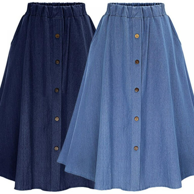 Women Denim Skirt Pleated Jeans Dress Long Midi Casual High Waist