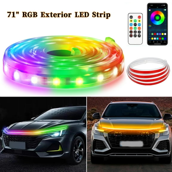 Car LED Hood Light Strip 71" RGB Exterior LED Strip Flexible 12V Multicolor Universal Engine Hood Cover Daytime Running Light Strip Waterproof Remote & APP for Car SUV Truck