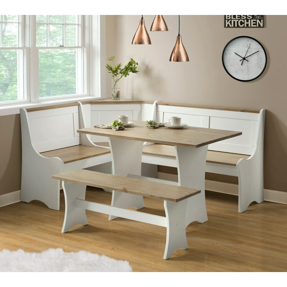 Linon Wymosa 3-Piece Coastal Corner Breakfast Nook Dining Set with Storage, White/Driftwood