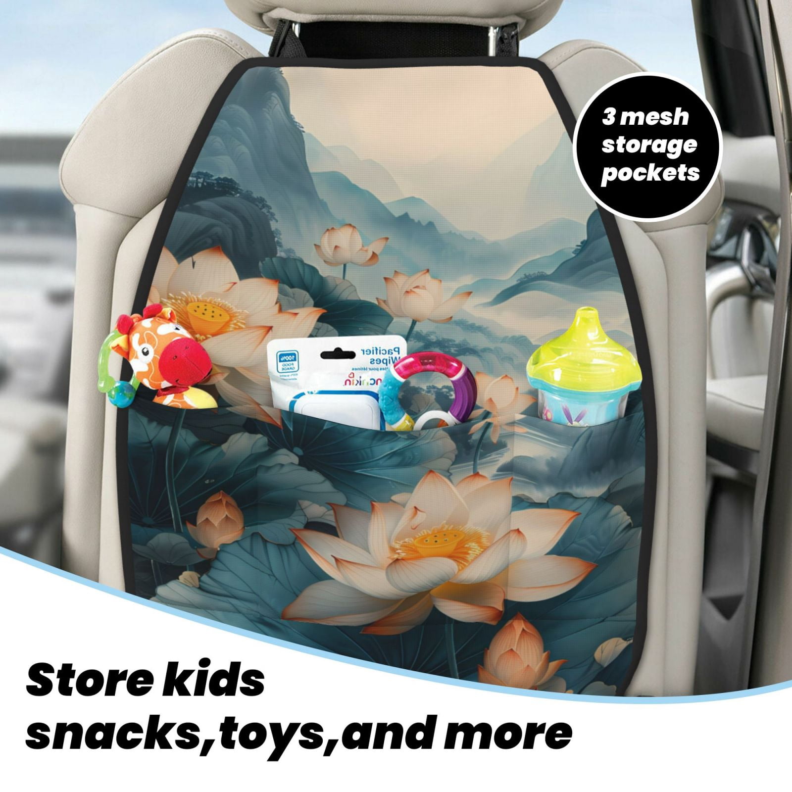 Xecao Mountain Lotus Serenity Pattern Car Seat Back Protector 2 Pack Large Capacity Pocket, Kick Mats Back Seat Protector