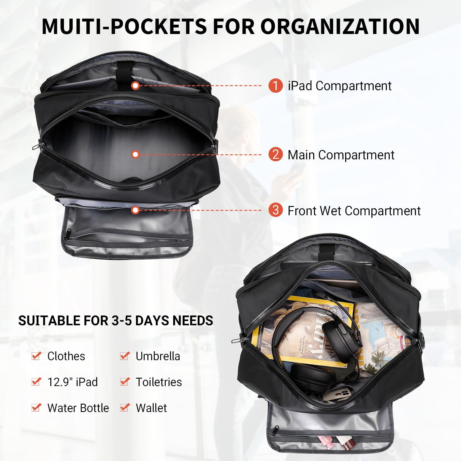 WITZMAN Weekender Bags for Men Women Carry on Duffle Overnight Bag with Toiletry Bag Sets Travel Duffel Bag Shoes Compartment（B694 Black）