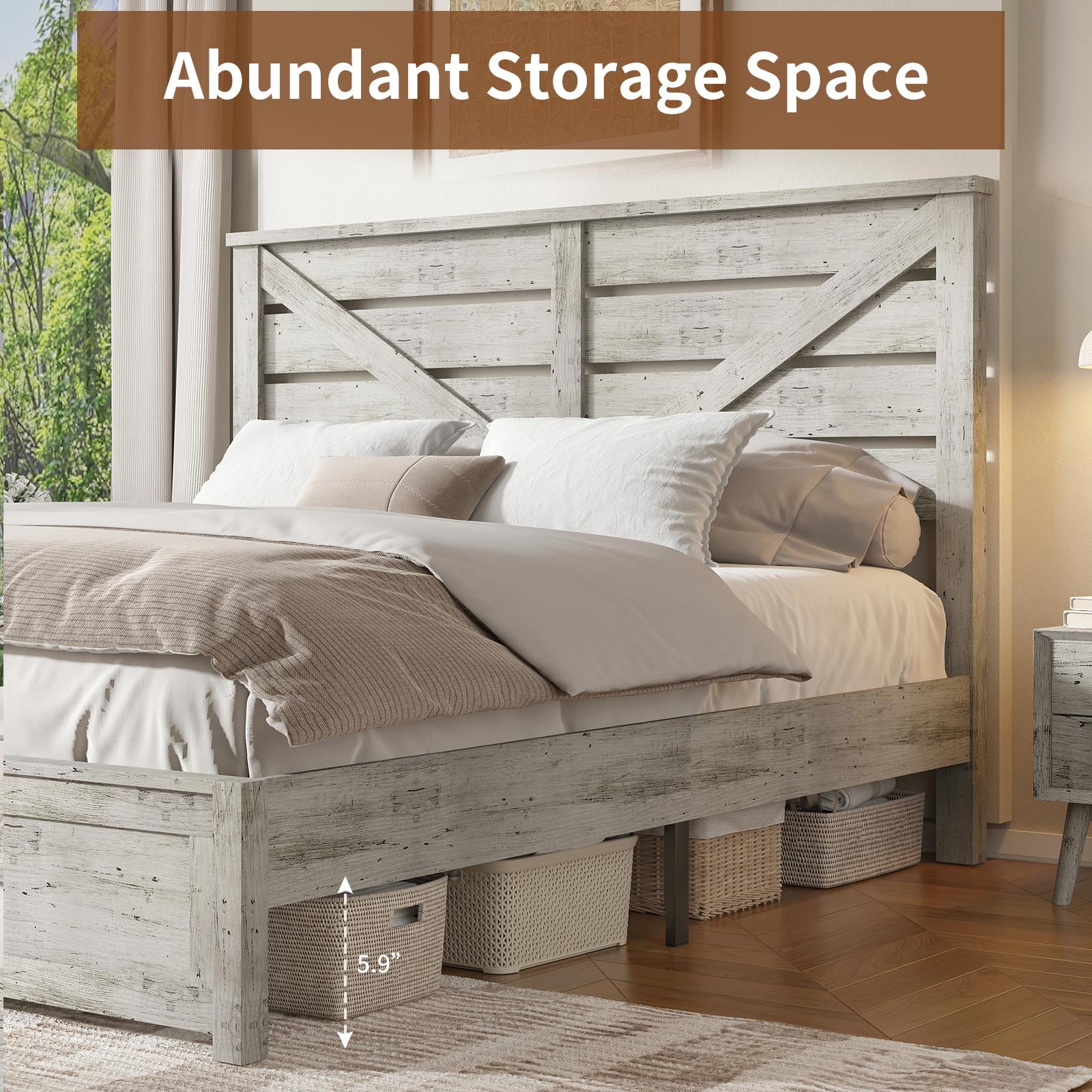 VanAcc King Size Platform Bed Frame with Wood Grain Headboard, Farmhouse Bed Frame with Storage/No Box Spring Needed/Noisy Free/Easy Assembly/White
