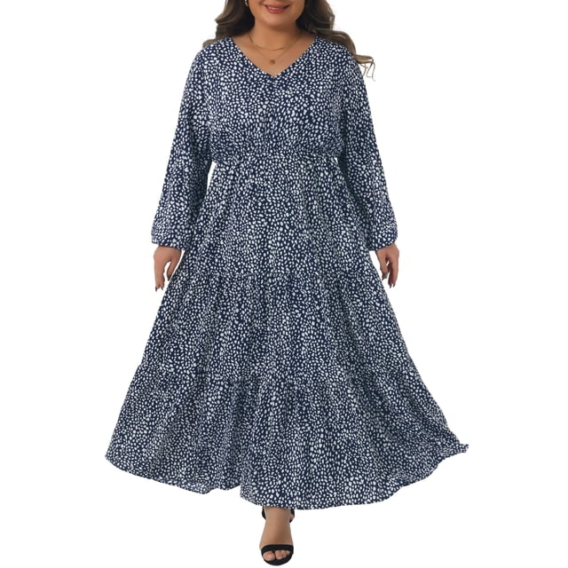 Vestido largo de lunares para mujer de tallas grandes, con mangas de linterna, dobladillo con volantes, vestido bohemio fluido 3X azul marino