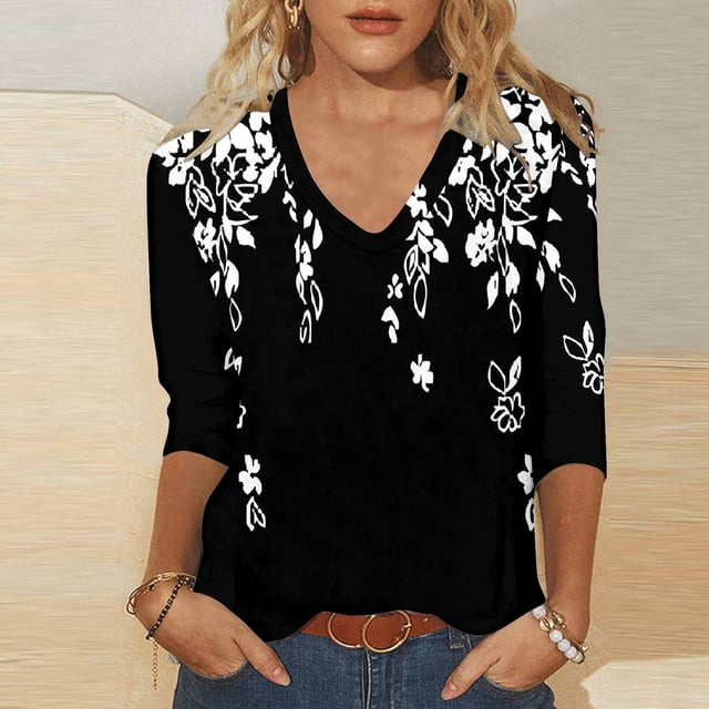Blouses pour Femmes, Blouses pour Femmes Mode, T-Shirt Imprimé Mode Femmes Manches 3/4 Blouse Col en V Hauts Décontractés