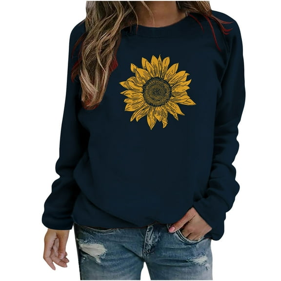 Women's O-Neck Printing Pullover Solid Color Long Sleeve Sweatshirts Winter Loose-Fit Casual Hoodies Tops