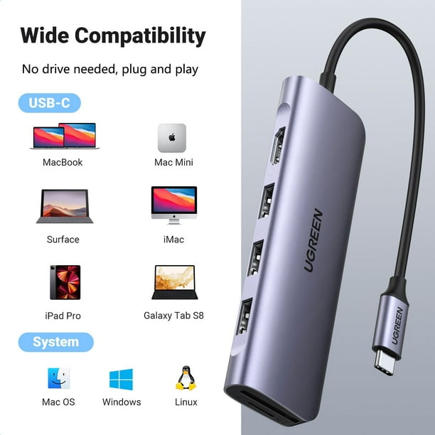 UGREEN USB C Hub, 6-in-1 USB C to 4K HDMI Hub Multiport Adapter with 3 USB 3.0 SD/TF Card Reader, USB C Splitter Stations for Laptop iPad Samsung Surface